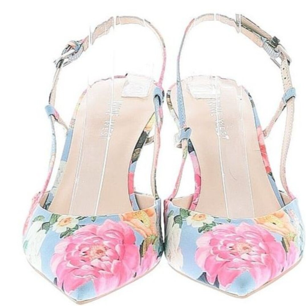 DESIGNER NINE WEST FLORAL PRINT POINTED TOE KITTEN HEEL SLINGBACKS SIZE 8.5 M - Picture 11 of 14